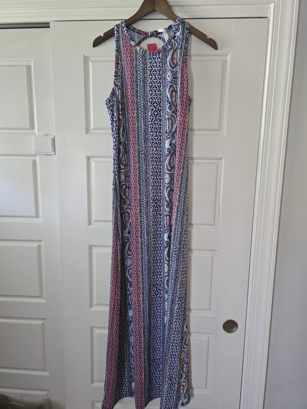Sleeveless Striped Paisley Maxi Dress in Pink and Blue